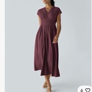 Halara women’s xl breezeful wine v neck short sleeve midi dress lightweight new